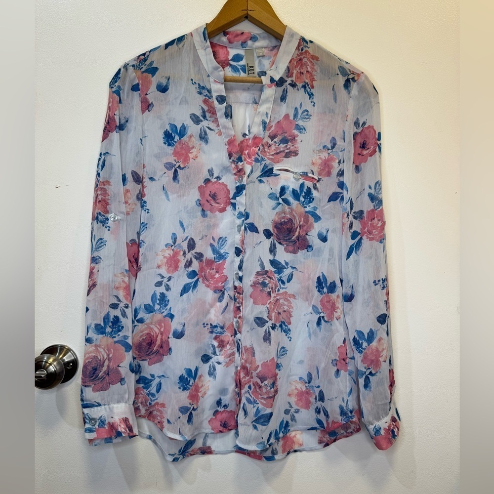 Kut from the Kloth Floral Button Down Shear Top Women’s oversized Size XS